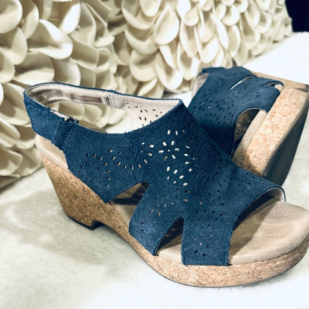 Clark’s blue cork platform wedge sandals